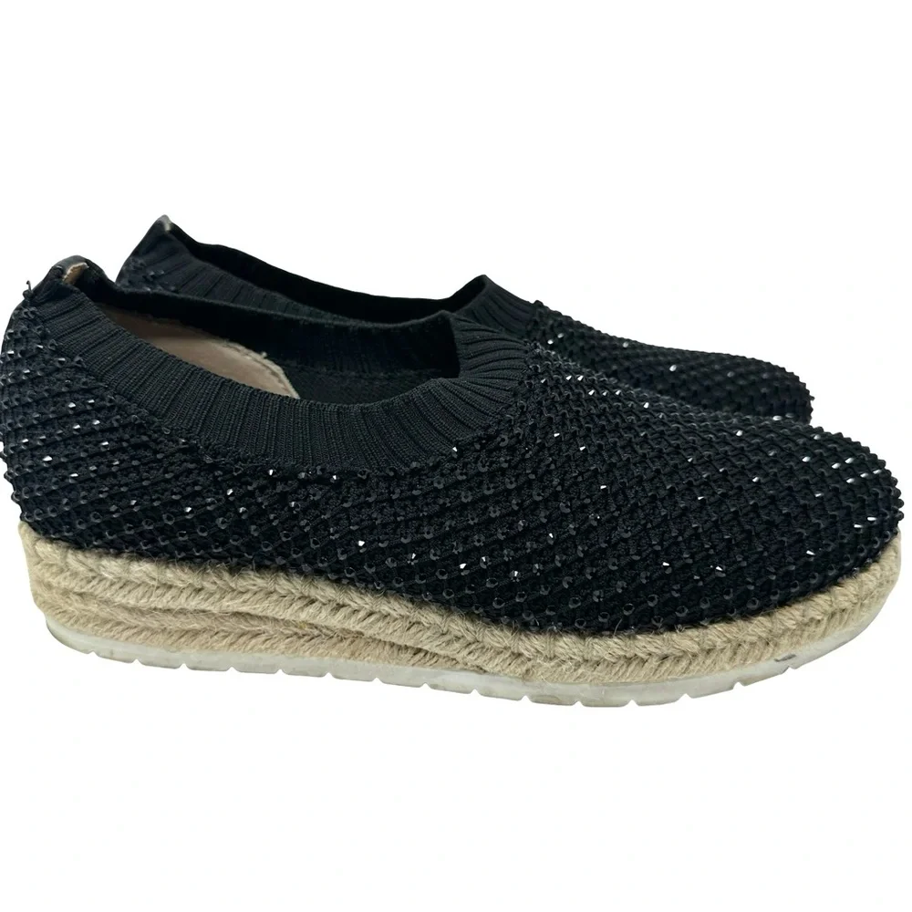 Adrienne Vittadini Sport Nicola Black Sequin Slip On Espadrille Wedges Size 9